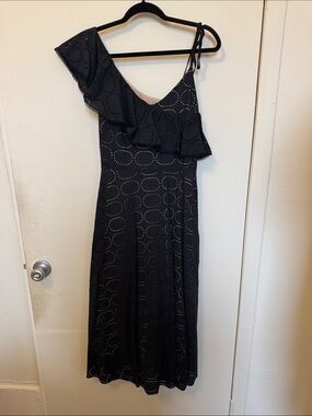 Pearl by Lela Rose Cotton Eyelet Asymmetrical Ruffle Dress